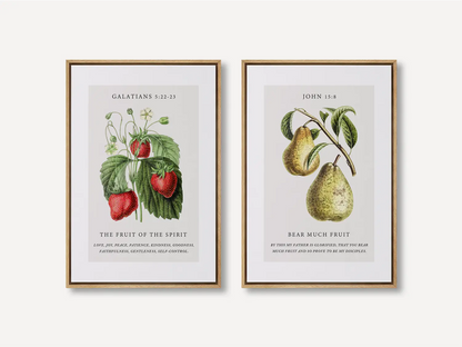 Decorate your home with this beautiful Christian wall art set. This collection of two framed botanical prints features detailed illustrations of fruit, paired with powerful verses on the Fruit of the Spirit and bearing spiritual fruit.