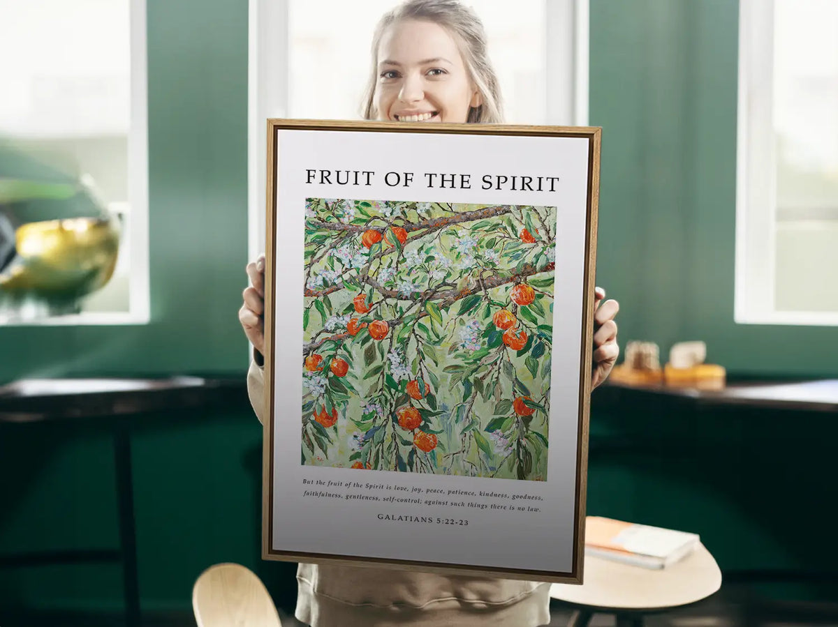 Anchor your home in Christ-like character with this inspiring Christian canvas wall art. This framed canvas print features a beautiful painting of bearing fruit, paired with the complete list of the Fruit of the Spirit from Galatians 5:22-23.