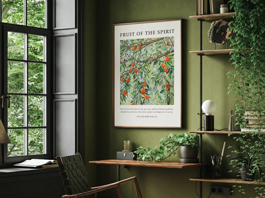 Anchor your home in Christ-like character with this inspiring Christian canvas wall art. This framed canvas print features a beautiful painting of bearing fruit, paired with the complete list of the Fruit of the Spirit from Galatians 5:22-23.