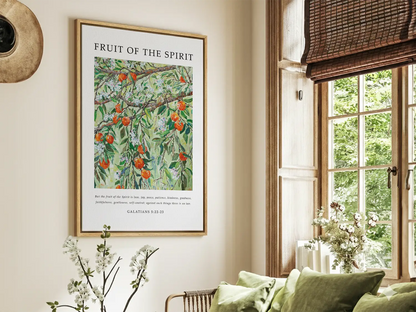 Anchor your home in Christ-like character with this inspiring Christian canvas wall art. This framed canvas print features a beautiful painting of bearing fruit, paired with the complete list of the Fruit of the Spirit from Galatians 5:22-23.