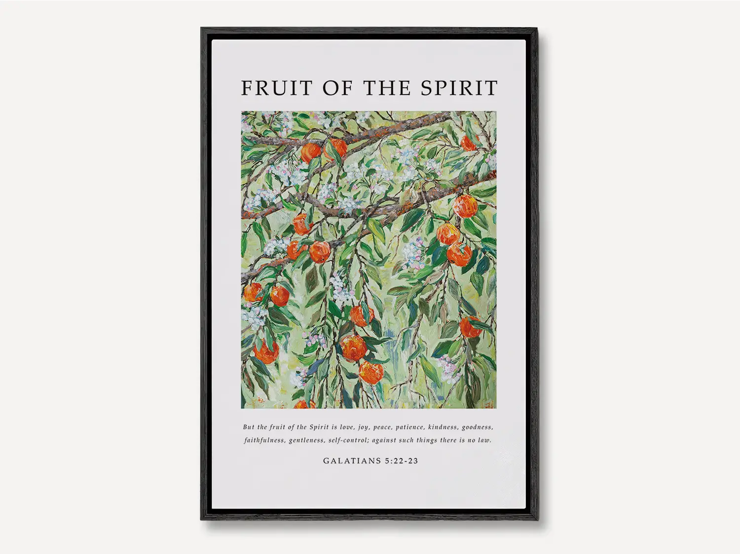 Anchor your home in Christ-like character with this inspiring Christian canvas wall art. This framed canvas print features a beautiful painting of bearing fruit, paired with the complete list of the Fruit of the Spirit from Galatians 5:22-23.