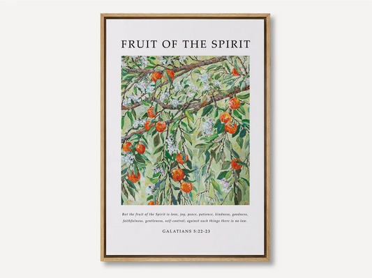 Anchor your home in Christ-like character with this inspiring Christian canvas wall art. This framed canvas print features a beautiful painting of bearing fruit, paired with the complete list of the Fruit of the Spirit from Galatians 5:22-23.