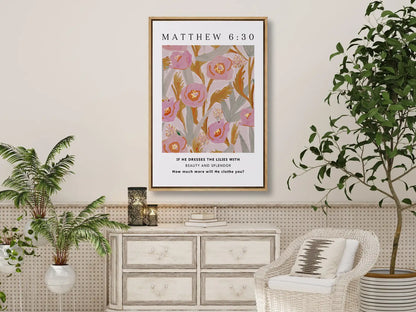 Invite the gentle assurance of God's provision into your home with this inspiring Christian canvas wall art. This framed canvas print features a vibrant, stylized floral design paired with the profound question from Matthew 6:30 that promises Divine care.