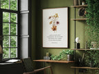 Framed Christian floral scripture canvas wall art displayed in a bright entryway with natural light