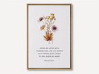 Christian floral canvas wall art featuring Psalm 100:4 with pressed botanical illustration and vintage-style framed design