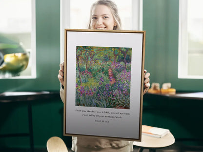 Cultivate a spirit of gratitude with this inspiring Christian canvas wall art. This framed canvas print features a vibrant, beautiful garden painting paired with the heartfelt words of praise from Psalm 9:1.