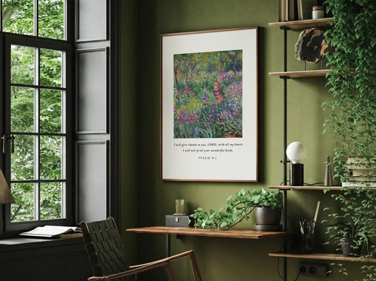 Cultivate a spirit of gratitude with this inspiring Christian canvas wall art. This framed canvas print features a vibrant, beautiful garden painting paired with the heartfelt words of praise from Psalm 9:1.