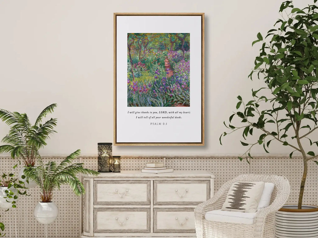 Cultivate a spirit of gratitude with this inspiring Christian canvas wall art. This framed canvas print features a vibrant, beautiful garden painting paired with the heartfelt words of praise from Psalm 9:1.