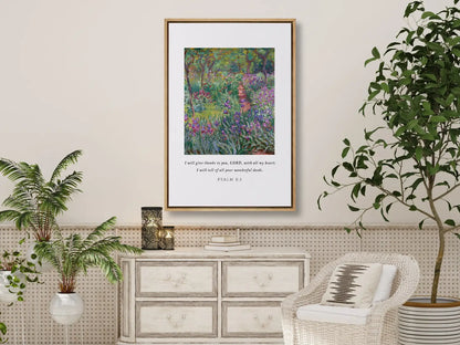 Cultivate a spirit of gratitude with this inspiring Christian canvas wall art. This framed canvas print features a vibrant, beautiful garden painting paired with the heartfelt words of praise from Psalm 9:1.