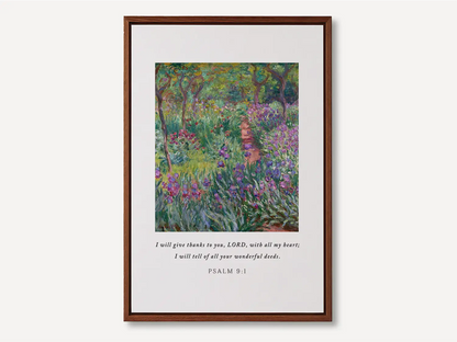 Cultivate a spirit of gratitude with this inspiring Christian canvas wall art. This framed canvas print features a vibrant, beautiful garden painting paired with the heartfelt words of praise from Psalm 9:1.