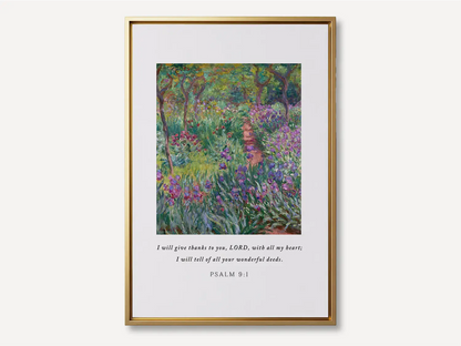 Cultivate a spirit of gratitude with this inspiring Christian canvas wall art. This framed canvas print features a vibrant, beautiful garden painting paired with the heartfelt words of praise from Psalm 9:1.