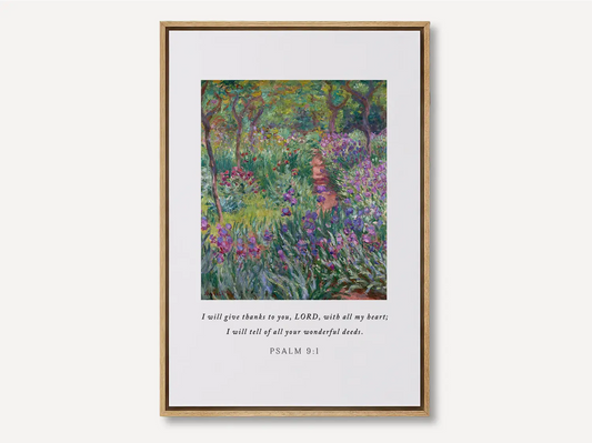 Cultivate a spirit of gratitude with this inspiring Christian canvas wall art. This framed canvas print features a vibrant, beautiful garden painting paired with the heartfelt words of praise from Psalm 9:1.