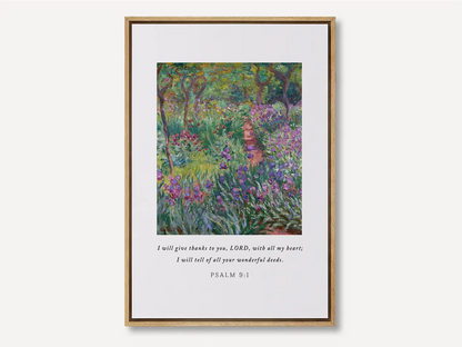 Cultivate a spirit of gratitude with this inspiring Christian canvas wall art. This framed canvas print features a vibrant, beautiful garden painting paired with the heartfelt words of praise from Psalm 9:1.