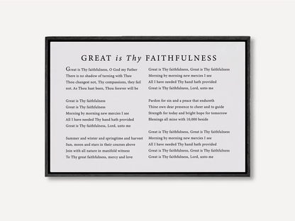 Fill your home with the spirit of worship with this inspiring Christian canvas wall art. This framed canvas print features the beautiful, powerful lyrics of the classic hymn "Great Is Thy Faithfulness," offering a daily reminder of God's steadfast love.