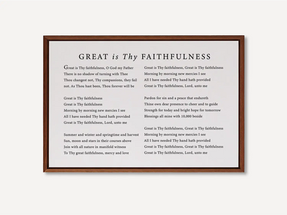 Fill your home with the spirit of worship with this inspiring Christian canvas wall art. This framed canvas print features the beautiful, powerful lyrics of the classic hymn "Great Is Thy Faithfulness," offering a daily reminder of God's steadfast love.