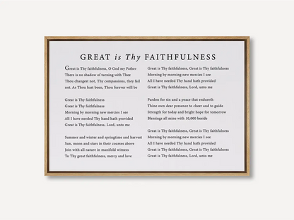 Fill your home with the spirit of worship with this inspiring Christian canvas wall art. This framed canvas print features the beautiful, powerful lyrics of the classic hymn "Great Is Thy Faithfulness," offering a daily reminder of God's steadfast love.