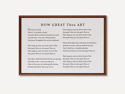 Declare the majesty of God with this inspiring Christian canvas wall art. This framed canvas print features the soul-stirring lyrics of the classic hymn "How Great Thou Art," creating a powerful focal point for worship in your home.