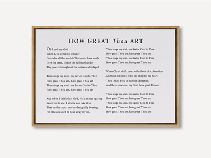 Declare the majesty of God with this inspiring Christian canvas wall art. This framed canvas print features the soul-stirring lyrics of the classic hymn "How Great Thou Art," creating a powerful focal point for worship in your home.