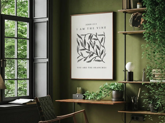 Anchor your home in the source of life and fruitfulness with this inspiring Christian canvas wall art. This framed canvas print features a modern, hand-drawn vine illustration and the essential truth from John 15:5: "I am the vine; you are the branches."