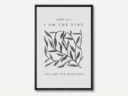 Anchor your home in the source of life and fruitfulness with this inspiring Christian canvas wall art. This framed canvas print features a modern, hand-drawn vine illustration and the essential truth from John 15:5: "I am the vine; you are the branches."