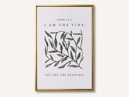 Anchor your home in the source of life and fruitfulness with this inspiring Christian canvas wall art. This framed canvas print features a modern, hand-drawn vine illustration and the essential truth from John 15:5: "I am the vine; you are the branches."