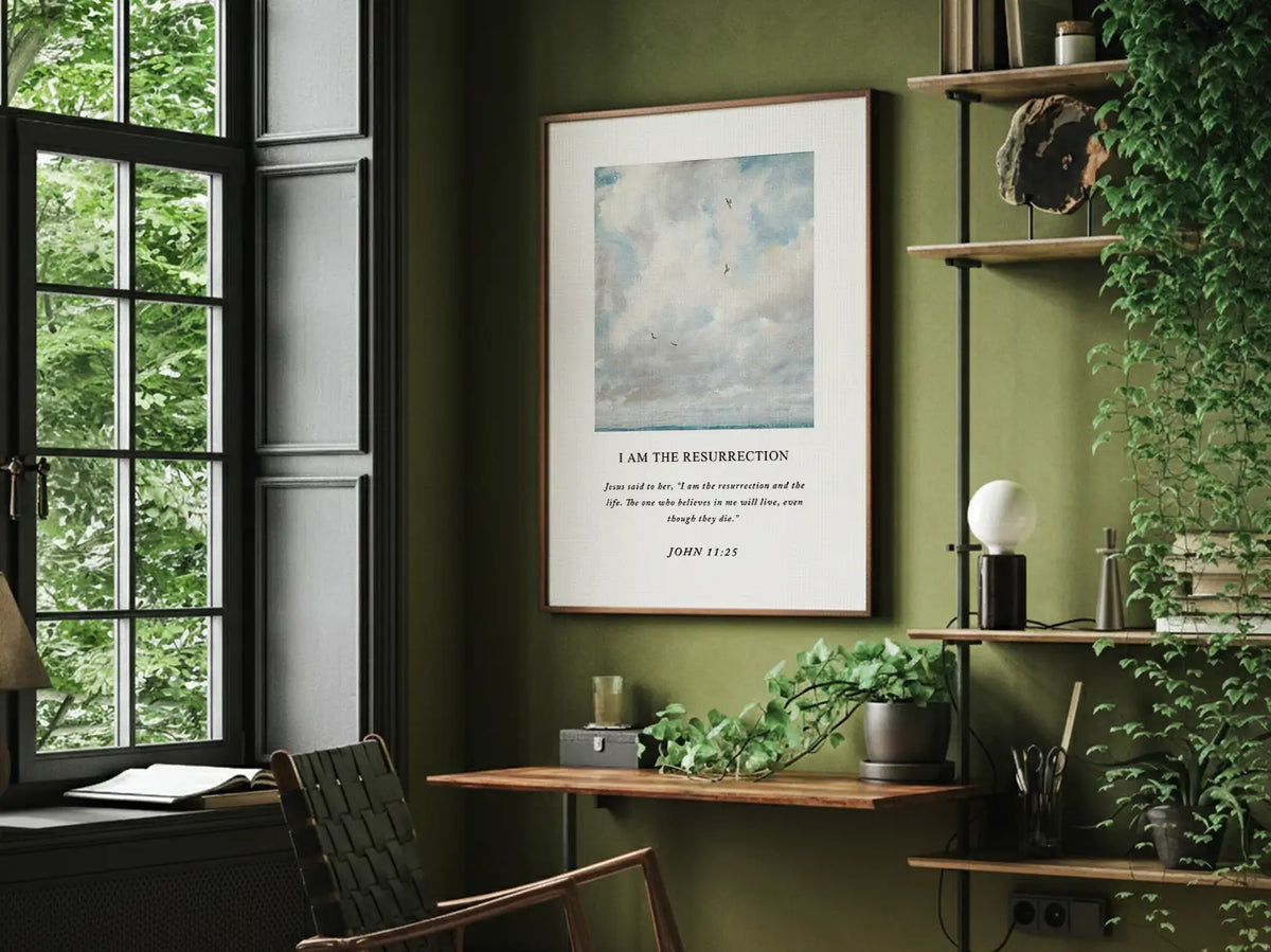 Anchor your hope in eternity with this inspiring Christian canvas wall art. This framed canvas print features a serene sky painting paired with the powerful declaration from John 11:25: "I am the resurrection and the life."