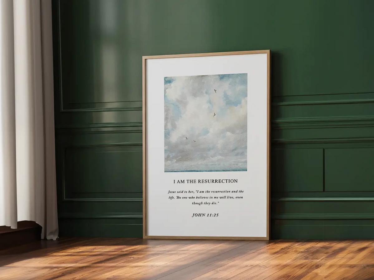 Framed John 11:25 resurrection scripture canvas in a bright living room