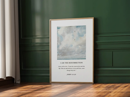 Anchor your hope in eternity with this inspiring Christian canvas wall art. This framed canvas print features a serene sky painting paired with the powerful declaration from John 11:25: "I am the resurrection and the life."