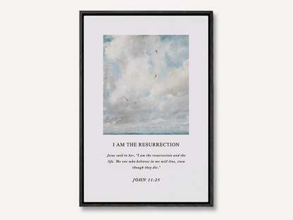 Anchor your hope in eternity with this inspiring Christian canvas wall art. This framed canvas print features a serene sky painting paired with the powerful declaration from John 11:25: "I am the resurrection and the life."