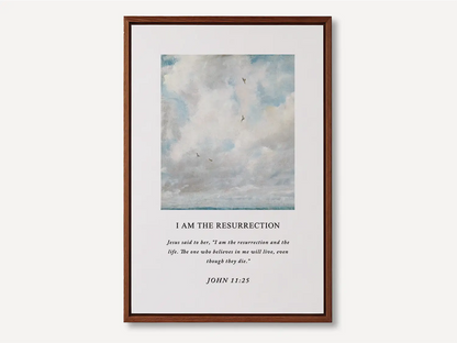 Anchor your hope in eternity with this inspiring Christian canvas wall art. This framed canvas print features a serene sky painting paired with the powerful declaration from John 11:25: "I am the resurrection and the life."