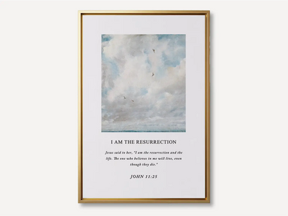 Anchor your hope in eternity with this inspiring Christian canvas wall art. This framed canvas print features a serene sky painting paired with the powerful declaration from John 11:25: "I am the resurrection and the life."