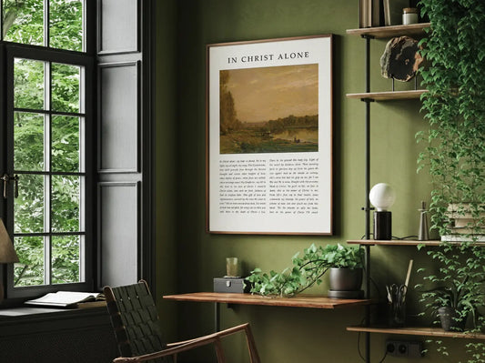 Anchor your life and hope in the solid ground of Christ with this inspiring Christian canvas wall art. This framed canvas print features the powerful, modern lyrics of "In Christ Alone," paired with a calming landscape painting.