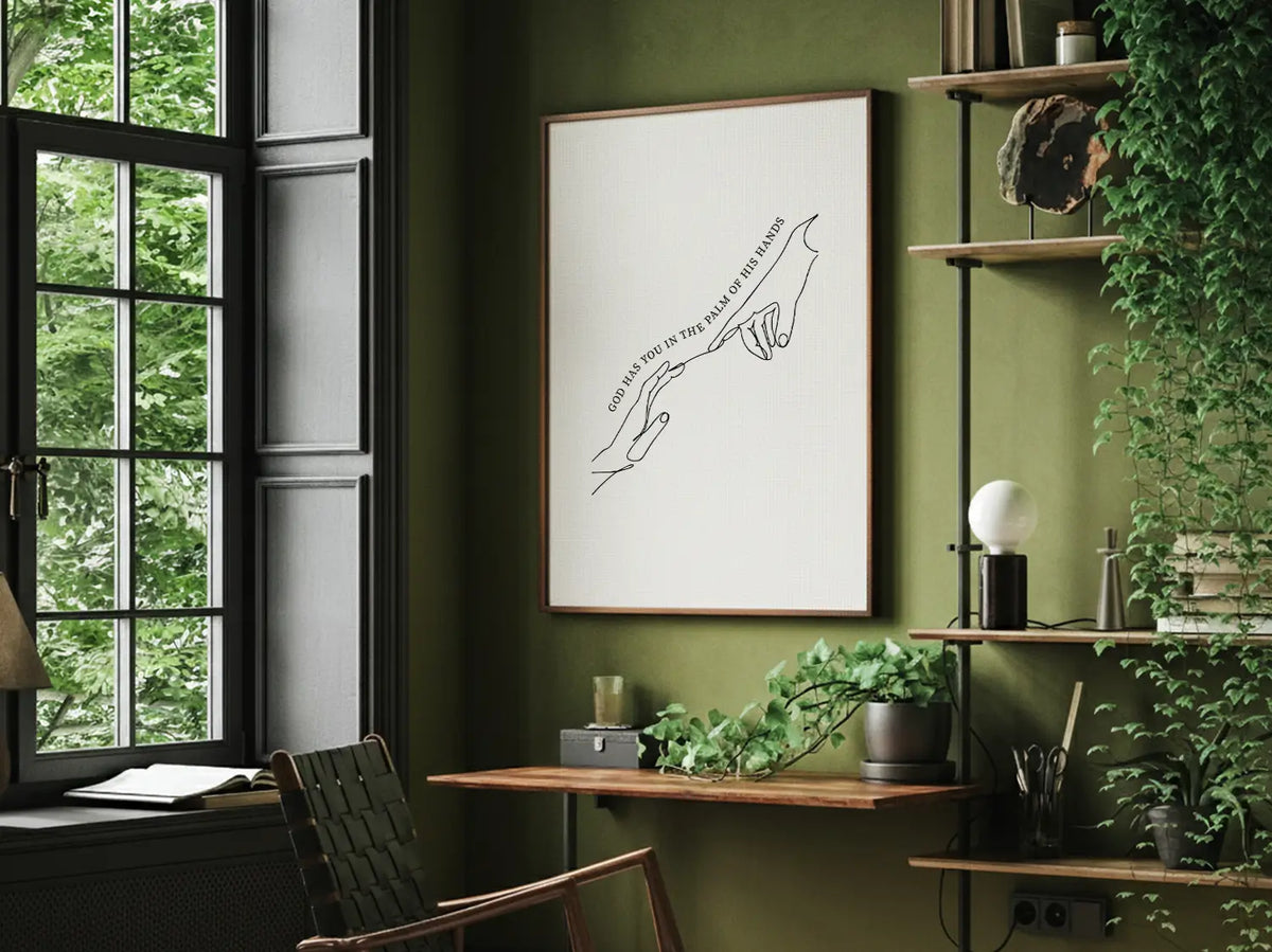Framed Christian canvas wall art with minimalist hand illustration inspired by Isaiah 49:16 in modern home decor