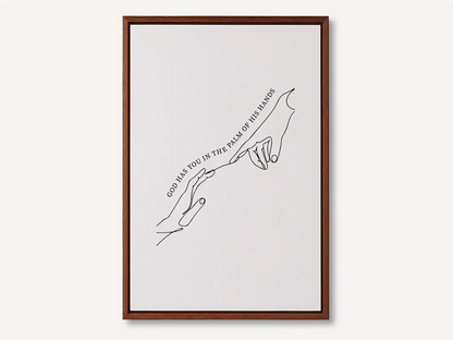 Find comfort and security in God's grasp with this inspiring Christian canvas wall art. This framed canvas print features a beautiful, modern line-art illustration of two hands meeting, highlighting the powerful promise from Isaiah 49:16: “God has you in the palm of His hands.”