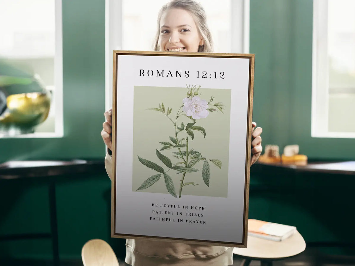 Faith-based floral canvas print with Romans 12:12 in a peaceful bedroom setting
