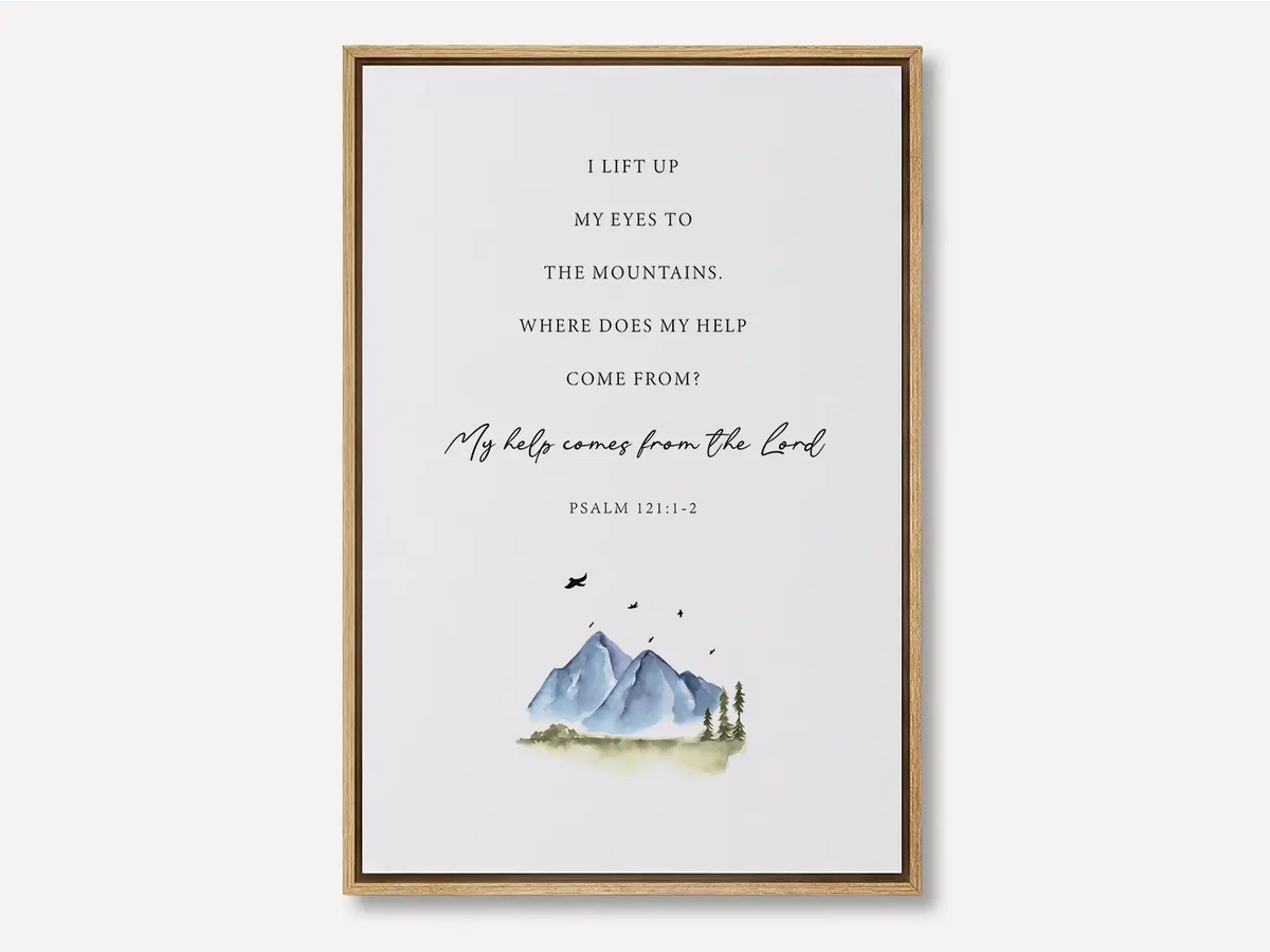 Christian canvas wall art with Psalm 121:1–2, minimalist mountain watercolor design in a framed canvas