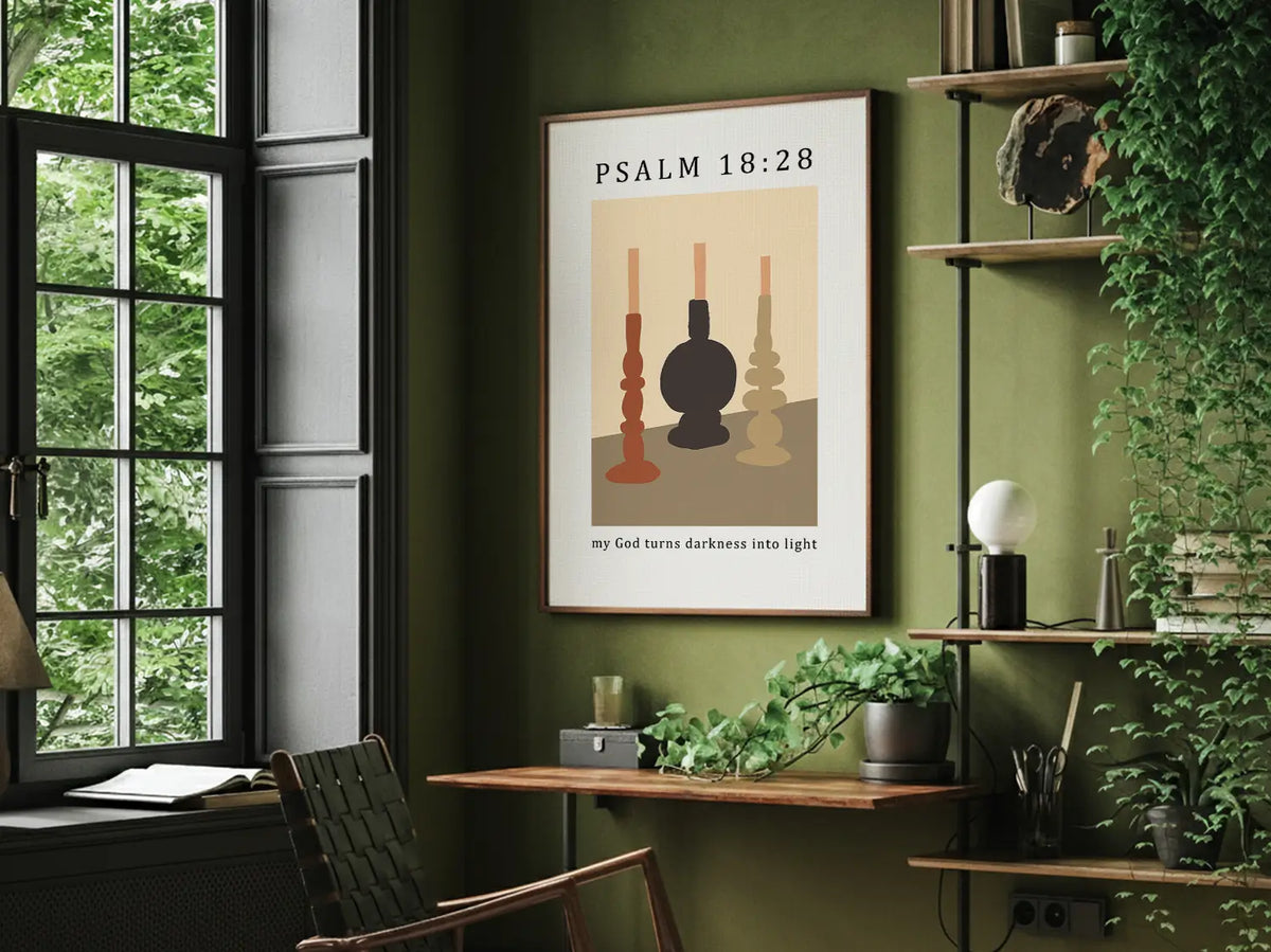 Minimalist Christian wall art inspired by Psalm 18:28 displayed in modern living room
