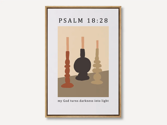 Find hope and light in every shadow with this inspiring Christian canvas wall art. This framed canvas print features a modern, abstract design of lit candles and the powerful promise from Psalm 18:28: "my God turns darkness into light."