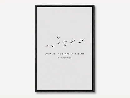 Invite the gentle wisdom of God's perfect care into your home with this inspiring Christian canvas wall art. This framed canvas print features a peaceful, minimalist design of flying birds and the comforting teaching from Matthew 6:26.