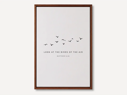 Invite the gentle wisdom of God's perfect care into your home with this inspiring Christian canvas wall art. This framed canvas print features a peaceful, minimalist design of flying birds and the comforting teaching from Matthew 6:26.
