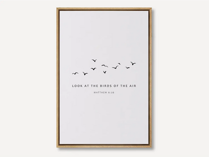 Invite the gentle wisdom of God's perfect care into your home with this inspiring Christian canvas wall art. This framed canvas print features a peaceful, minimalist design of flying birds and the comforting teaching from Matthew 6:26.