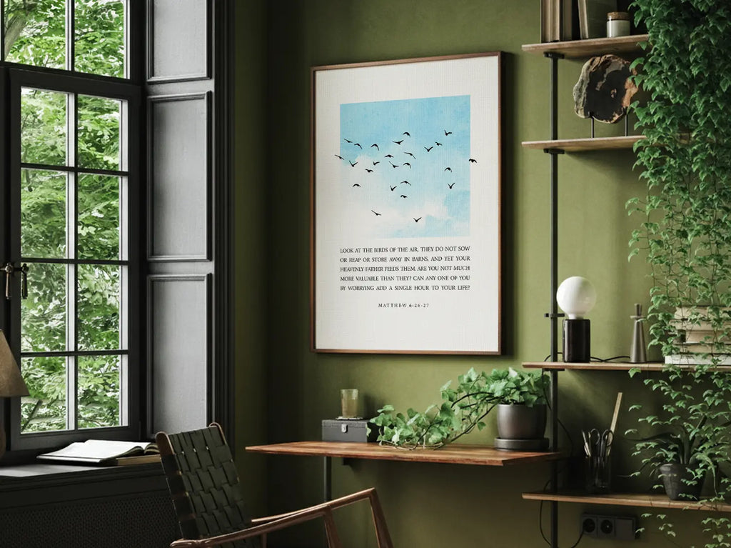Minimalist Christian wall art with birds and sky scripture print