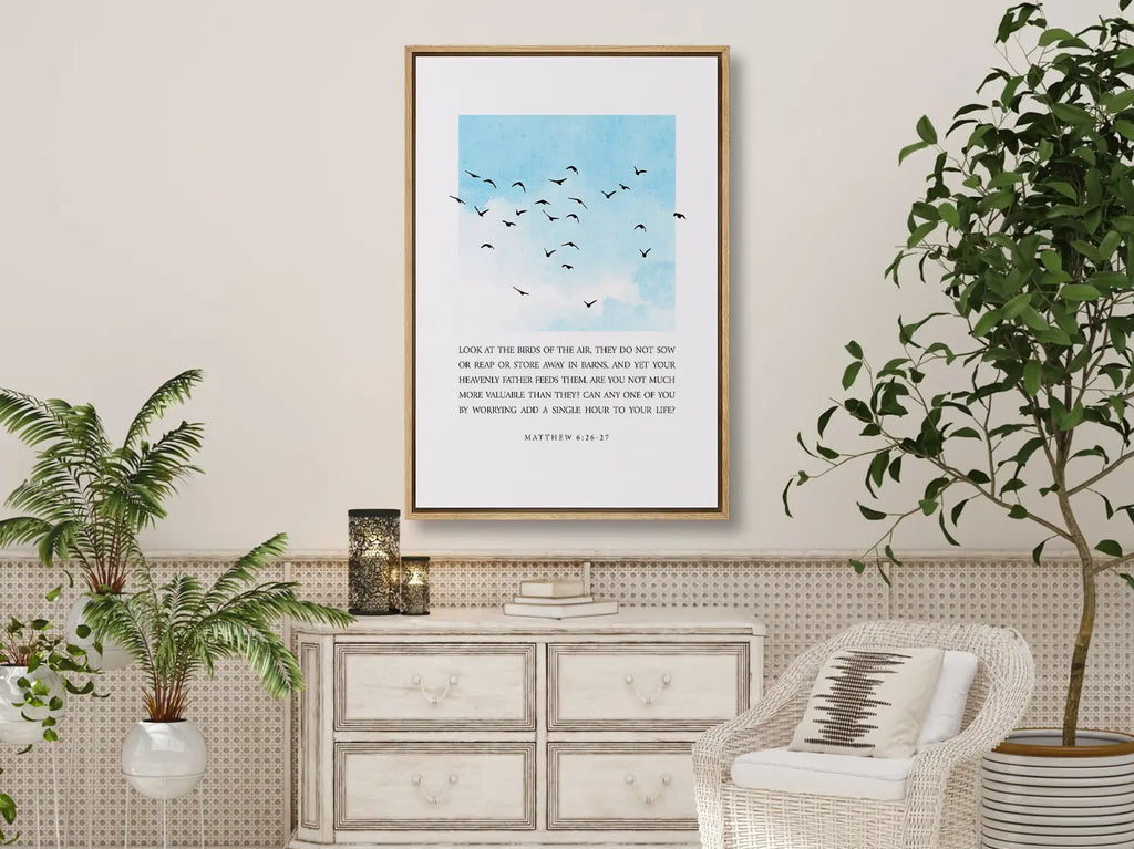 Anchor your heart in the gentle wisdom of Christ's provision with this inspiring Christian canvas wall art. This framed canvas print features a calming sky and bird design, paired with the full, comforting teaching from Matthew 6:26-27 on trusting God.