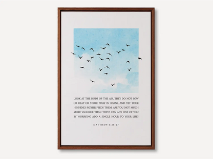 Anchor your heart in the gentle wisdom of Christ's provision with this inspiring Christian canvas wall art. This framed canvas print features a calming sky and bird design, paired with the full, comforting teaching from Matthew 6:26-27 on trusting God.
