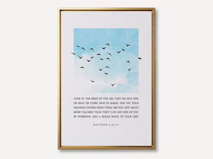 Anchor your heart in the gentle wisdom of Christ's provision with this inspiring Christian canvas wall art. This framed canvas print features a calming sky and bird design, paired with the full, comforting teaching from Matthew 6:26-27 on trusting God.