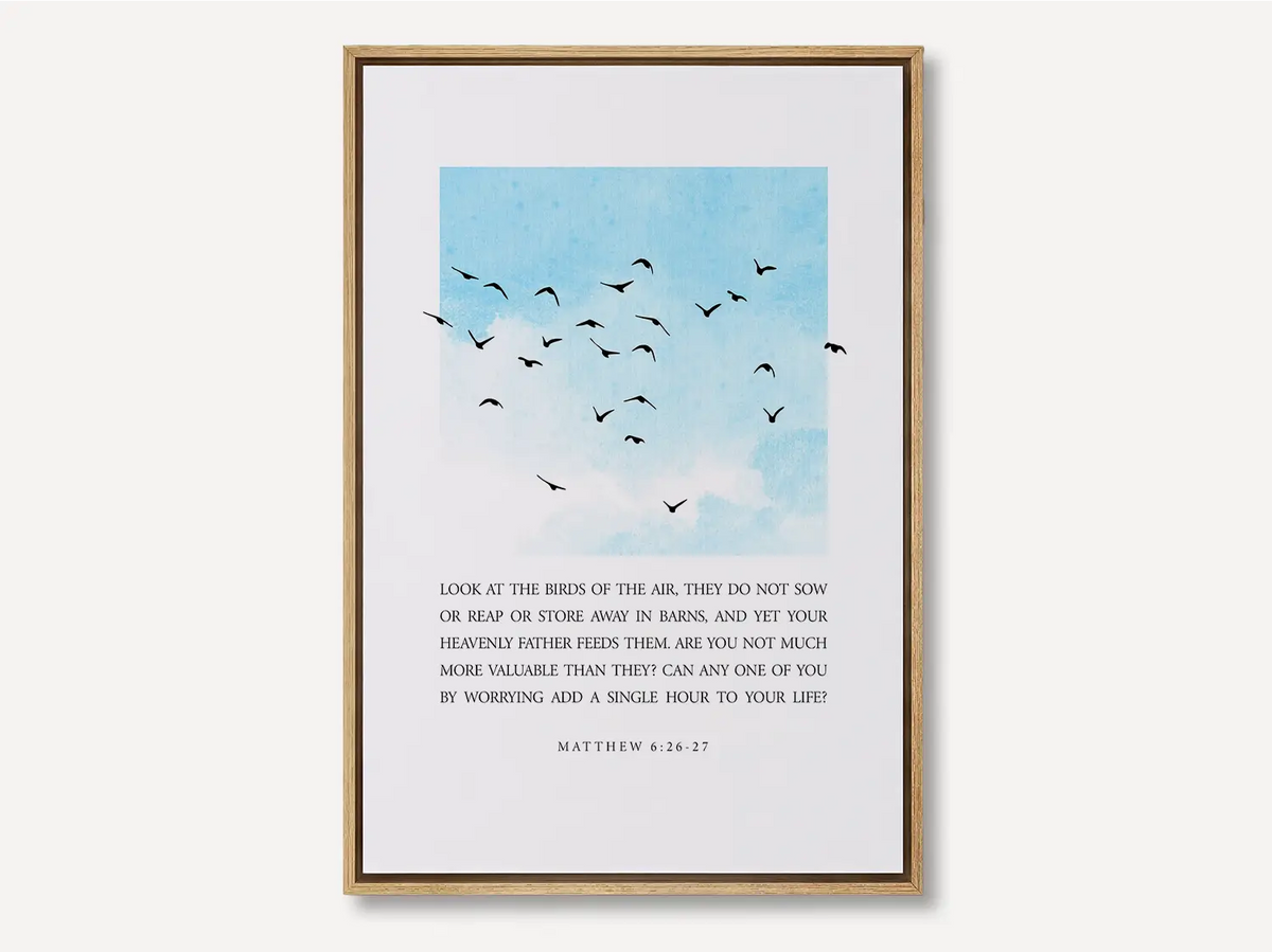 Christian scripture canvas wall art featuring Matthew 6:26–27 with birds in the sky and minimalist design