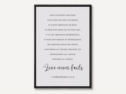 Anchor your home in Christ's unwavering love with this inspiring Christian canvas wall art. This framed canvas print features the complete, profound text of 1 Corinthians 13:4-8, highlighting the powerful truth that Love never fails.