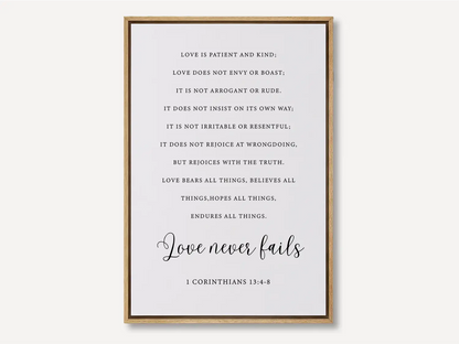 Anchor your home in Christ's unwavering love with this inspiring Christian canvas wall art. This framed canvas print features the complete, profound text of 1 Corinthians 13:4-8, highlighting the powerful truth that Love never fails.