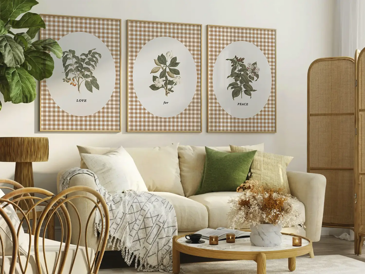 Add a touch of farmhouse charm with this inspiring Christian wall art set. This collection of three framed botanical prints features a chic gingham background and the simple, profound message: LOVE for PEACE, bringing warmth and grace to your home.