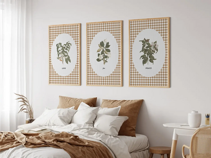 Add a touch of farmhouse charm with this inspiring Christian wall art set. This collection of three framed botanical prints features a chic gingham background and the simple, profound message: LOVE for PEACE, bringing warmth and grace to your home.